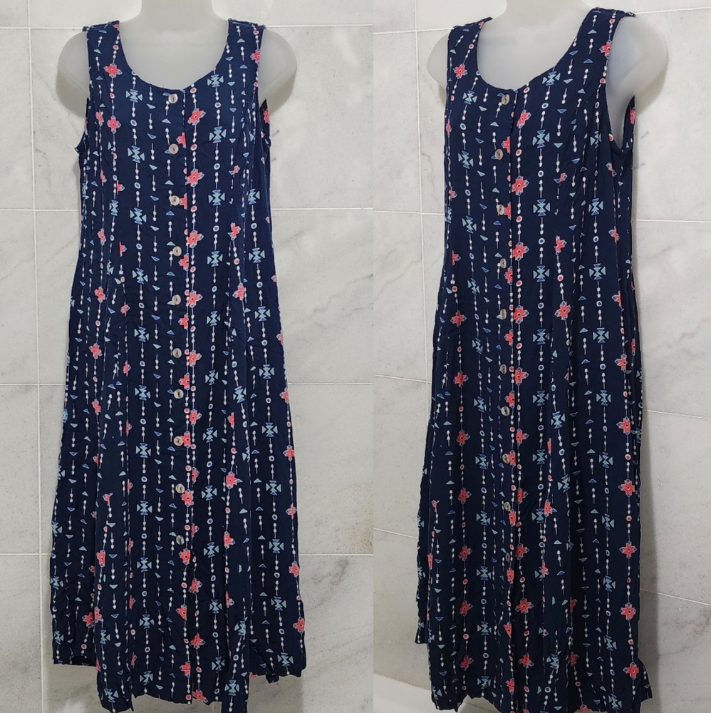 Koret Buttondown Dress Midi Navy Lightweight Aztec Print Medium Rayon